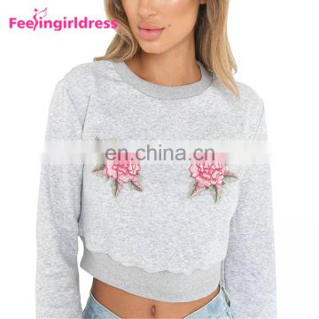 Latest Design Autumn Long Sleeve Crop Top Embroidered Crew Neck Women Sweatshirt