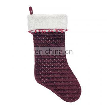 Wholesale Decorative Wine Red Faux Quilting Lamb Wool With Pompom Christmas Socking for Christmas
