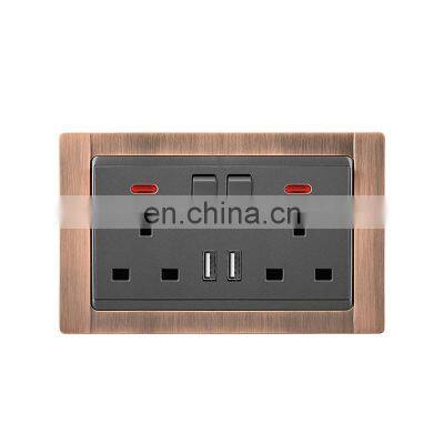 UK Standard Double 3 pin Wall Socket With Switch Zinc Alloy Panel With USB Socket And Switches Electrical With LED Light