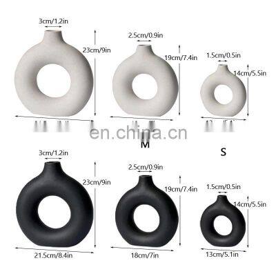Black Circular Hollow Ceramic Vase Donuts Nordic Flower Pot Home Decoration Accessories Office Living Room Interior Decor photo-4