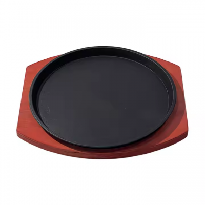 High Quality Cooking Cookware Round 19/21/23/25/27/29 cm Cast Iron Steak Plate Sizzling Grill Pan Wooden Tray Set