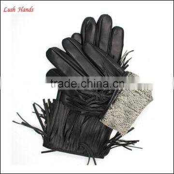 Fashion Index Finger Touch Screen Black Tassels Leather Gloves Women photo-5