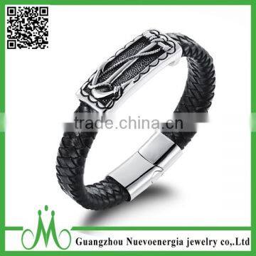 Embossed Braided Anchor Leather Cuff Bracelet Stainless Steel Magnetic Clasp Genuine Leather Bracelet