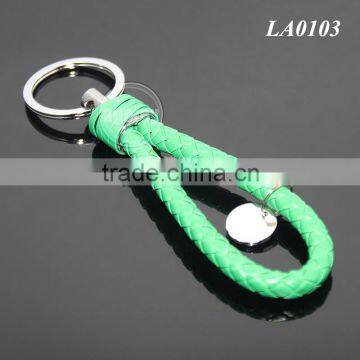 Manual Hand Green Braided Rope Silver Round Metal Tag Leather Cord Straps Braided Leather Key Chain