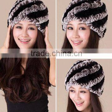 Women's Contrast color 100% genuine rex rabbit fur hat