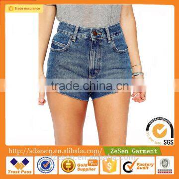 OEM Service 100% Cotton High Rise Denim Jeans Shorts With Raw Hem In Waterfall Mid Wash For Women Wholesale photo-4