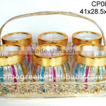 6pcs hand-painted glass jar with golden rack(CP088)