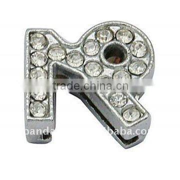 Alloy Rhinestone Slide Charms, Alphabet "R", Nickel Color, 10.8x10.5x4.3mm, hole: 1.6x8mm(ALRI-Q107-N)