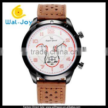 WJ-5431 V6 leather strap three eyes for decorate mountaineering sport men quartz watch