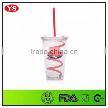 Customized 16 ounce Double wall translucent plastic tumbler with curly straw