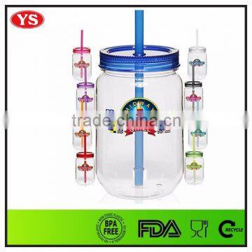 720 ML Single Wall Plastic Cylinder Mason Jar With Straw