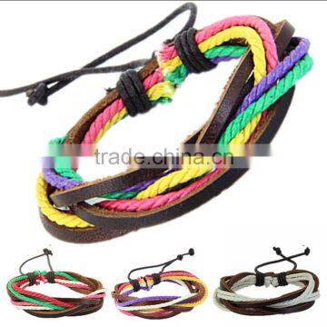 Fashion European style Bracelet,waxed cotton and leather multilayer bracelet 7inch