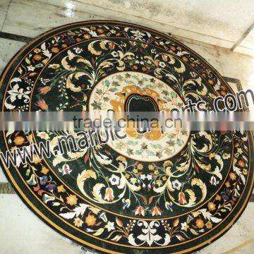 Large Green Marble Round Shape Dinning Table Top, Pietra Dura Marble Table
