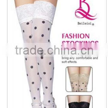 White Sheer Lace Up Thigh High Stocking With Point Design 2 Colors