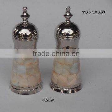 Nickel plated aluminium Salt and Pepper set with mosaic of Mother of pearl