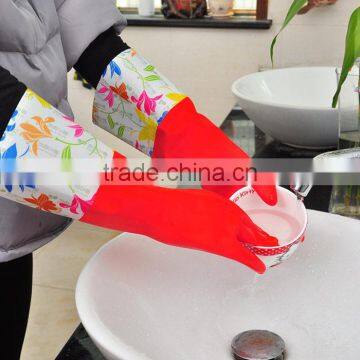 Red Wide Mouth Plus Velvet Long Flower Rubber Gloves Antiskid Household Dishwashing Cleaning Warm Gloves photo-3