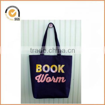 Book Worm Applique Tote Bag: Navy Blue Canvas, Yellow Floral and Pink with Gray Lining and Floral Pocket By Chiqun Dongguan