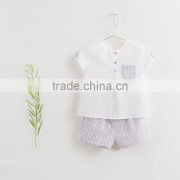 2017 baby boy clothes 2pcs set white linen blouse chest pocket light purple grids shorts