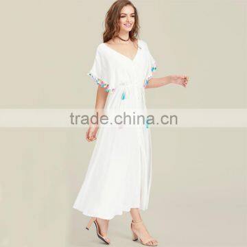 Designer Tassel Trim Boho Dress, Women White Deep V-neck Maxi Dress photo-4