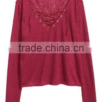 Ladies Wearing Hand Knitted Wool Sweaters With Lacing V-Neck Design photo-4