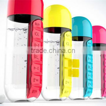 600ml pillbox bottle healthy pill vitamin organizer box 2-IN-1 PILLBOX WATER BOTTLE