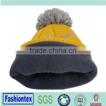 100% Acrylic Custom knitted Beanie Hat with Pompom Strip Beanie Hats with fleece ploar inside Beanie custom logo