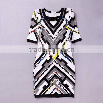 2015 New Sey Deep V-neck Patchwork Geometric Print Autumn Short Sleeve Lace Mesh red yellow blue black white gray Bandage Dress