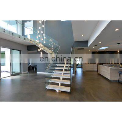 Indoor modern steel wood staircase with glass railing