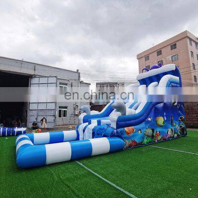 Popular water park amusement china manufacturer giant blue crush inflatable water slide with plunge pool