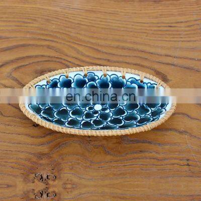 Hot Sale Factory wholesale Vietnam rattan ceramic fruit plate Japanese living room household snack tray Wholesale