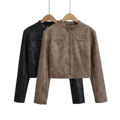 American INS high street retro short slim motorcycle jacket for women in 2025 autumn vintage color leather jacket and suede jacket