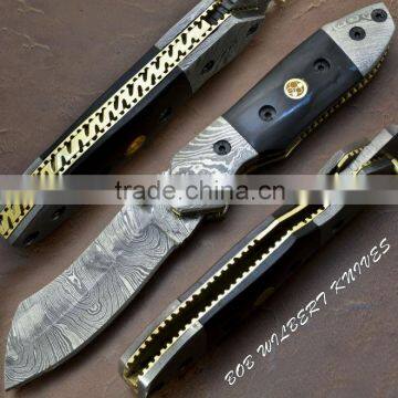 udk f6" custom handmade Damascus folding knife / pocket knife with buffalo horn and Damascus booster