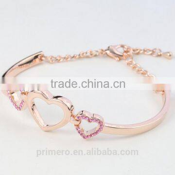 Fashion 18k Rose Gold Plated Three Heart Clear Austrian Crystal Bracelets & Bangles photo-3