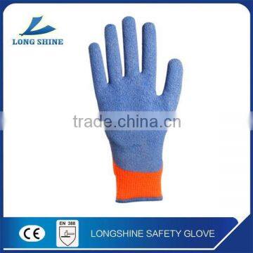 10G Hi-viz orange poly/cotton liner with blue Latex coated safety working glove