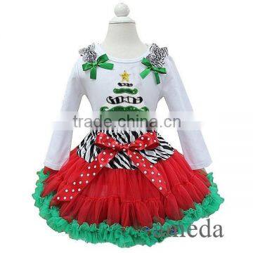 Zebra Waist Red Green Pettiskirt with Xmas Mustache Tree White Long Sleeves Tee