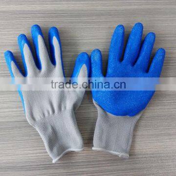 cheap 50g 13 gauge gray nylon gloves core blue latex coated work gloves with wrinkle on the palm