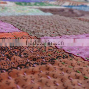 Handmade Cotton Kantha Quilt, Reversible Queen Size Bed Cover, Patchwork Kantha Throw, Multicolor Printed Bed Sheet