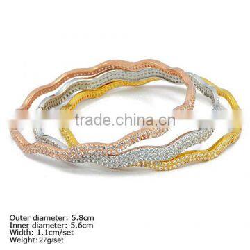 CZQ-0007 925 Silver Bangle with CZ Stones 3pcs into 1 Bangle with 3 Colors Plating Wave Silver Bangle