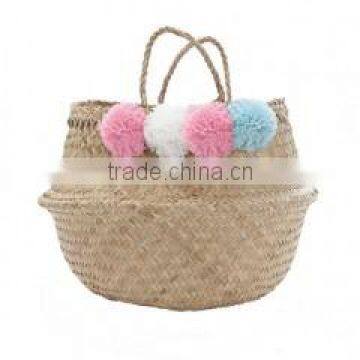 Eco-friendly natural seagrass belly basket with pompoms