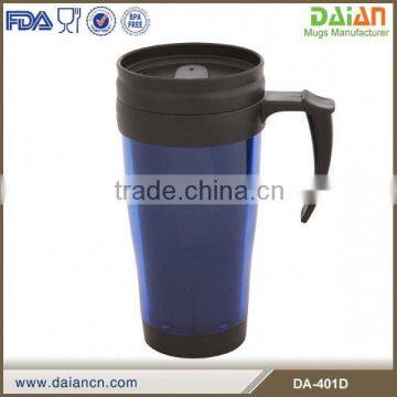 Yellow plastic double wall travel mug with handle