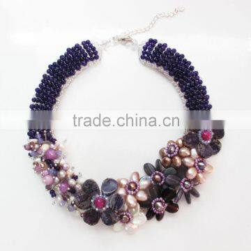 Purple Amethyst color of Pearl with Natural Stones Flower Statement Stone Necklace Set with Earrings