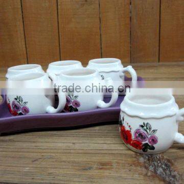 Cute 6 Ceramic Tea Coffee Cups with Purple Ceramic Tray Set for Home/ Office