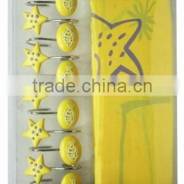 cute style polyester shower curtain/bathroom curtain matching with 12pcs poly resin hooks