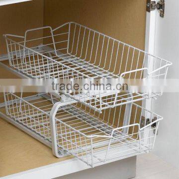 2 Tiers White Wire Cabinet Organizer, Cabinet Sliding Basket , Cabinet Stroage Basket