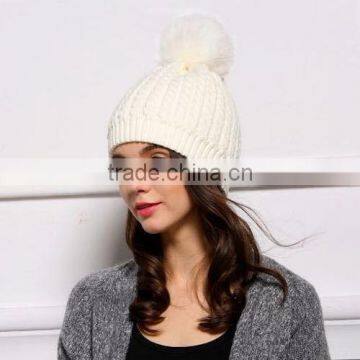 Newest Arrival Top Quality Crocheted Wool Beanie with Fox Fur Pom poms For Fashion Gilrs