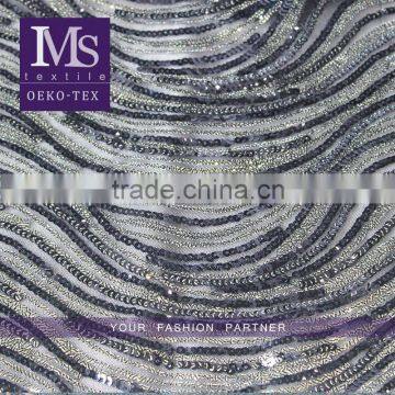 Latest design wave pattern fashion sequin fabric, wholesale sequin mesh fabric / stretch sequin embroidered fabric