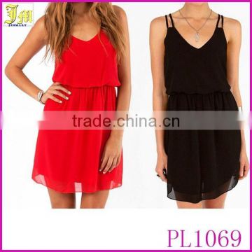 2015 New Women Summer Dress Black Red Double Strap Chiffon Dress Sexy V-neck Skirt Sleeveless Dress XS-XXL