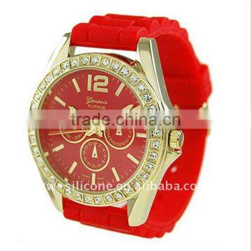 RED Gold Silicone Gel Band Crystal Bezel Women's Watch