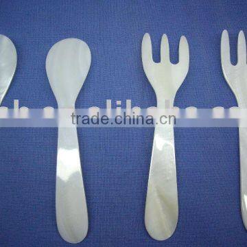 white mother of pearl shell made spoon and fork