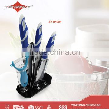 Hot selling plastic handle ceramic kitchen knives set with acrylic knife block and peeler